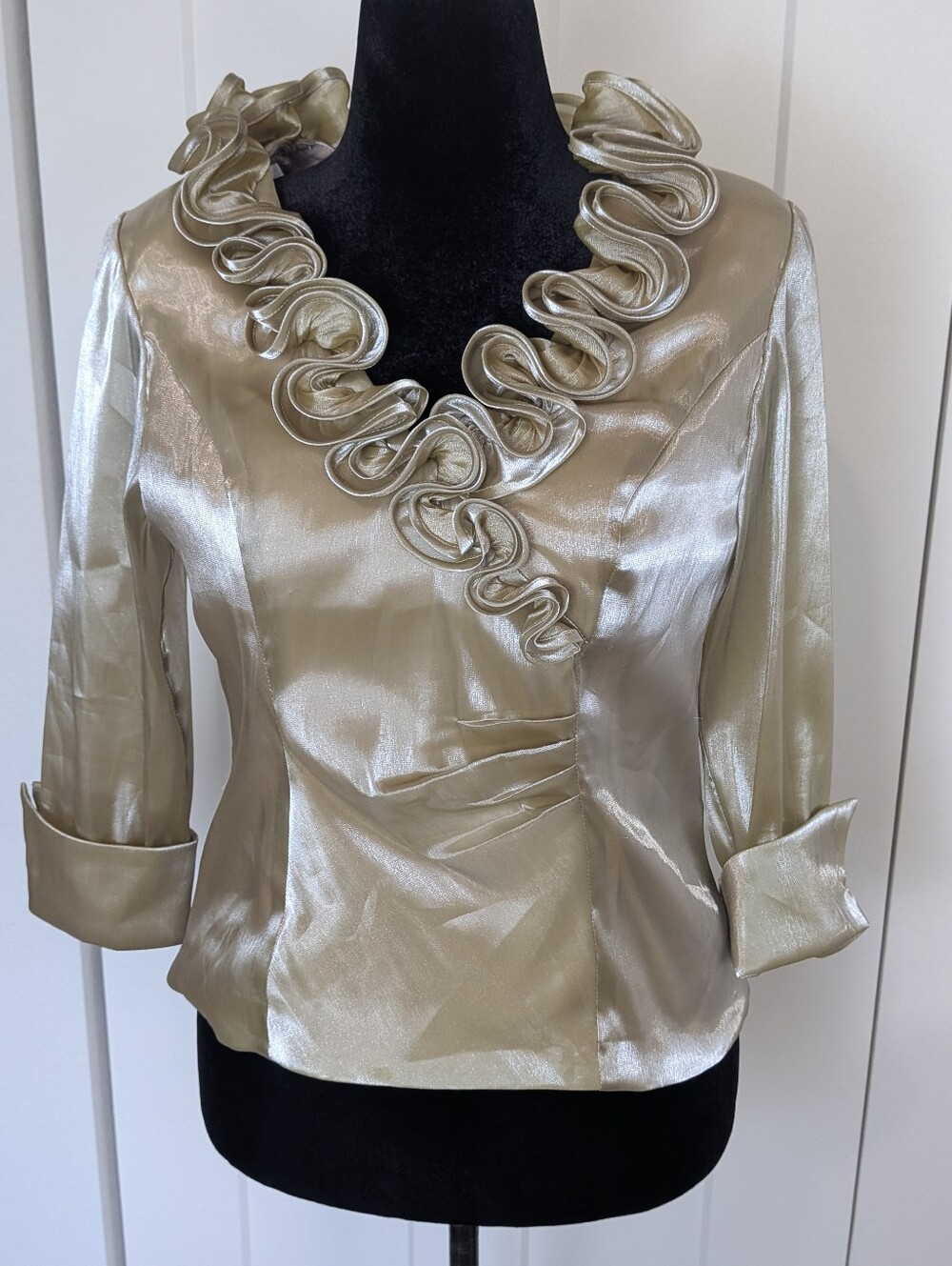 Xscape By Joanna Chen Women's Evening Formal Ruffle Neck Gold Blouse Top Sz 12